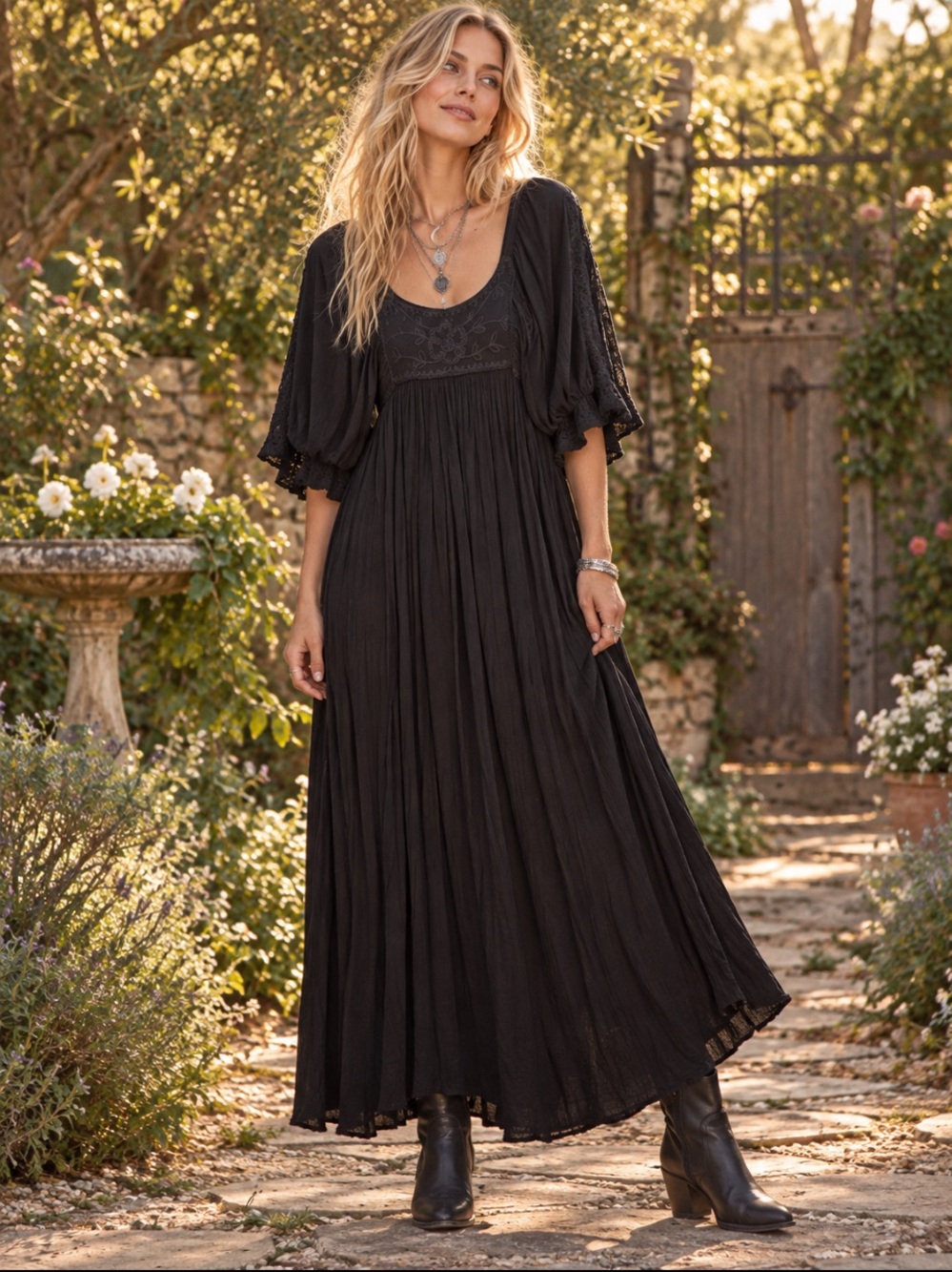 174. FREE PEOPLE BLACK
EMBROIDERED BOHO MAXI DRESS XS